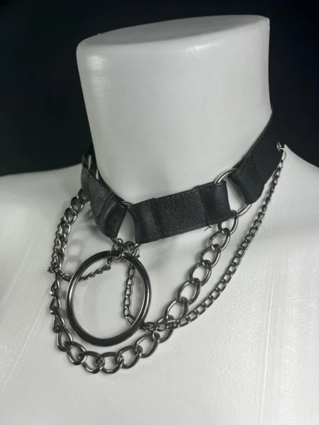 Berlin handmade leather choker necklace with industrial chains, variant VI