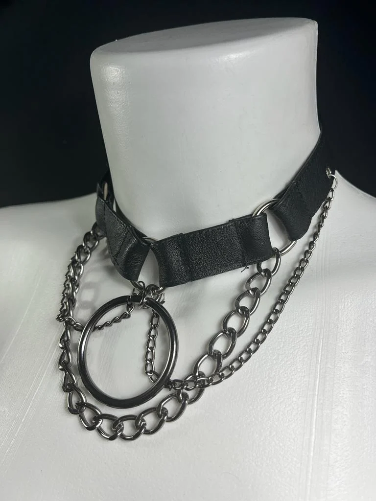 Berlin handmade leather choker necklace with industrial chains, variant VI