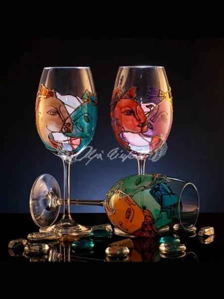 Chromatic Faces set of six hand painted glasses with colorful painted faces