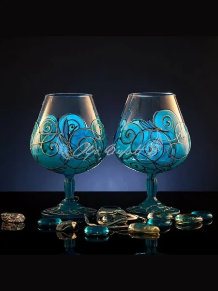 Azure Whisper set of two hand painted cognac glasses with fluid blue lines