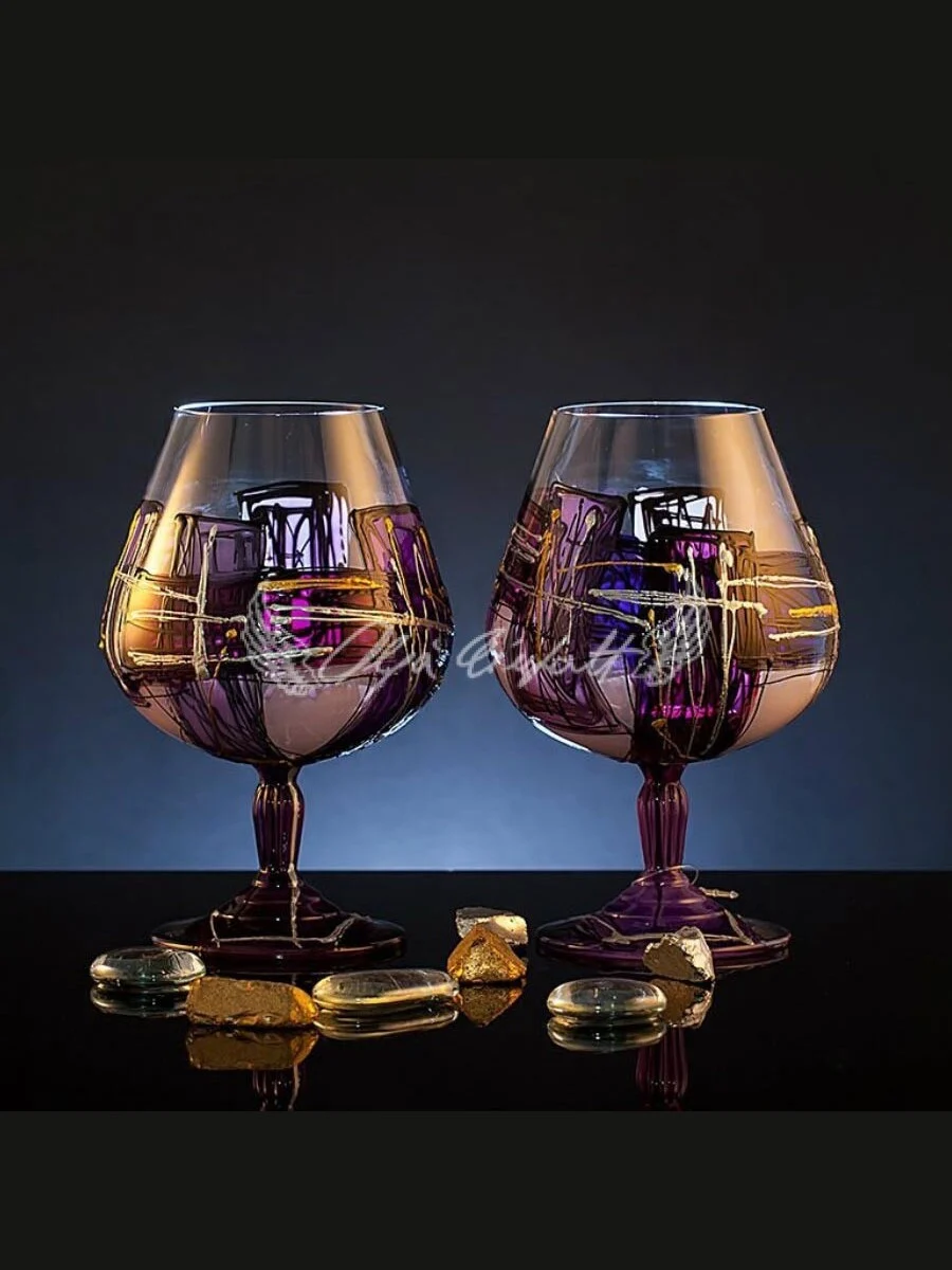 Azure Whisper Amethyst Edition set of two hand painted cognac glasses in violet and gold