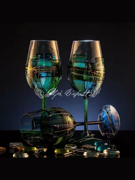 Emerald Edition set of six hand painted glasses with layered green mosaic design