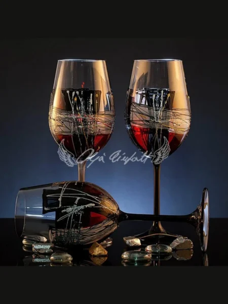 Crimson Noir set of six hand painted glasses with dark wine tones and graphic mosaic lines