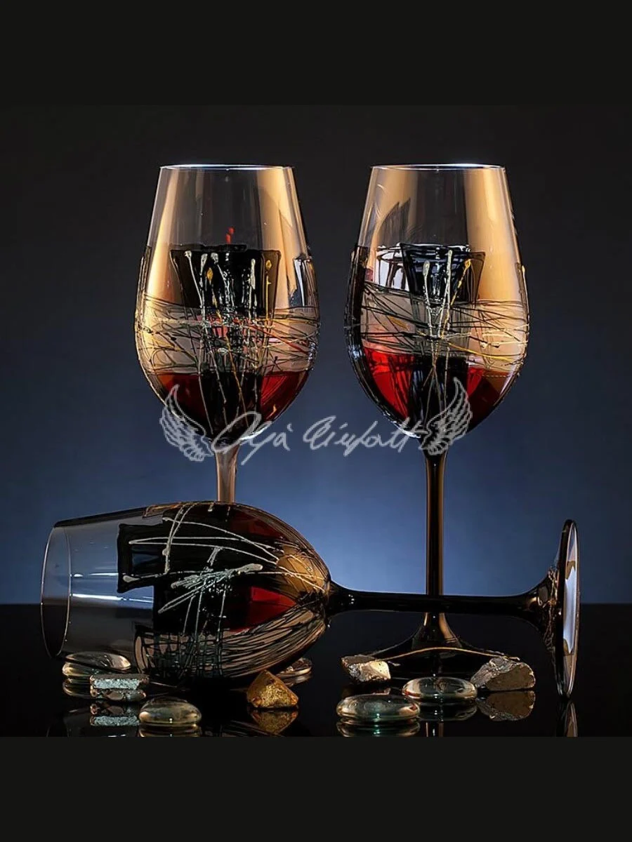Crimson Noir set of six hand painted glasses with dark wine tones and graphic mosaic lines