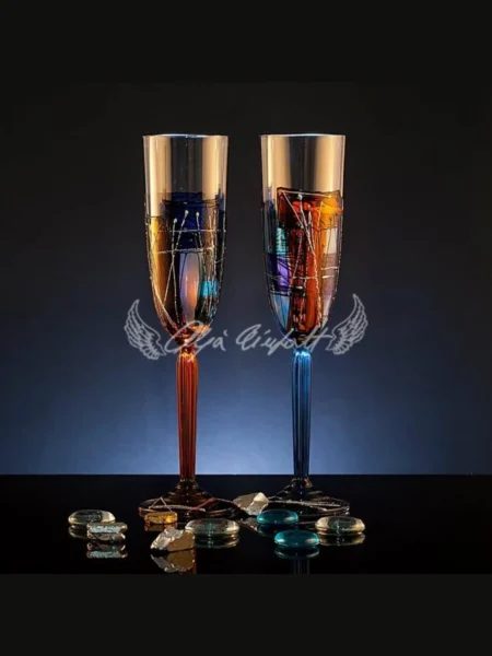 Midnight Duet set of two hand painted champagne glasses with expressive color and movement