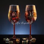 Crimson Amber set of two hand painted wine glasses with layered color and gold lines