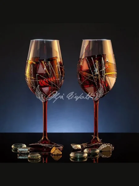 Crimson Amber set of two hand painted wine glasses with layered color and gold lines