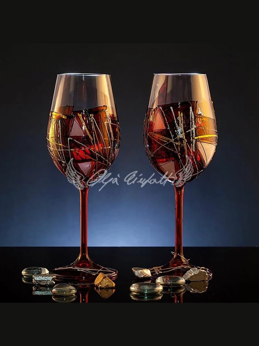 Crimson Amber set of two hand painted wine glasses with layered color and gold lines