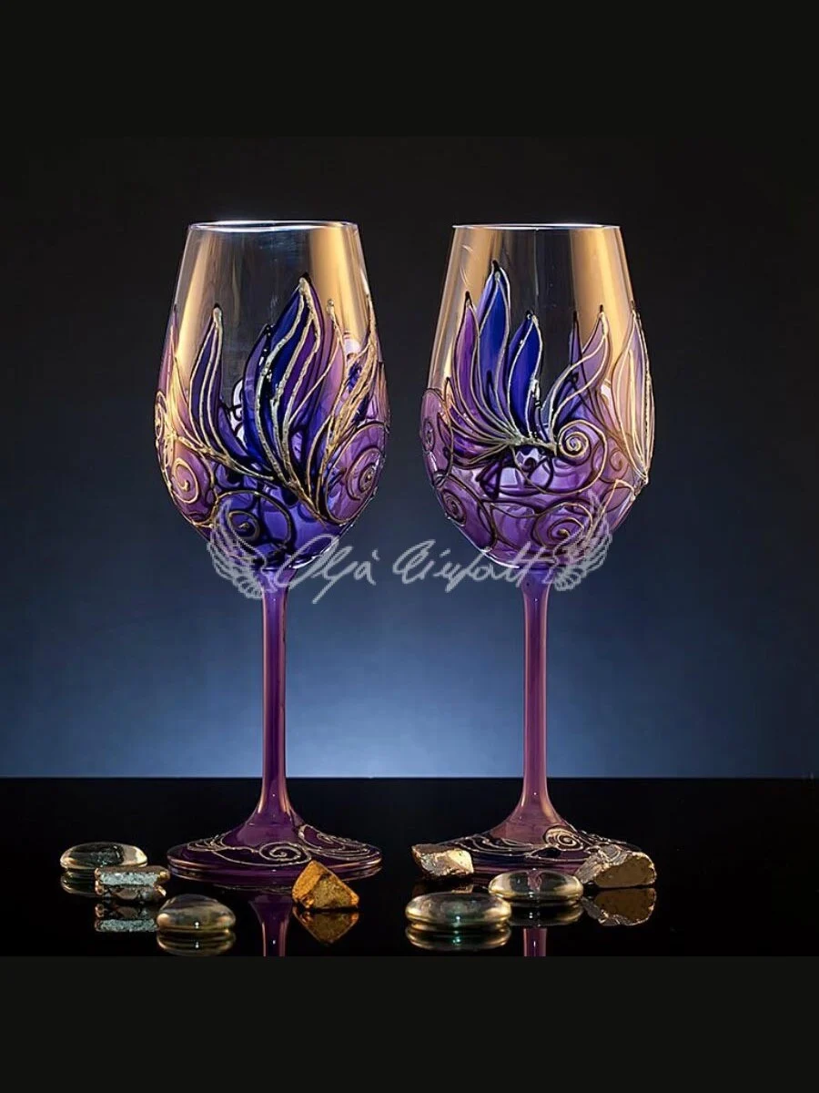 Amethyst Bloom set of two hand painted wine glasses with violet floral patterns
