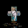 Petite painted glass cross in sky-blue tones with Marian motif, Marian Sky Edition
