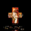 Petite devotional glass cross with hand painted Marian motif, Marian Dawn Edition