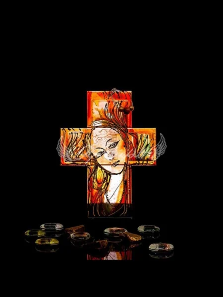 Petite devotional glass cross with hand painted Marian motif, Marian Dawn Edition