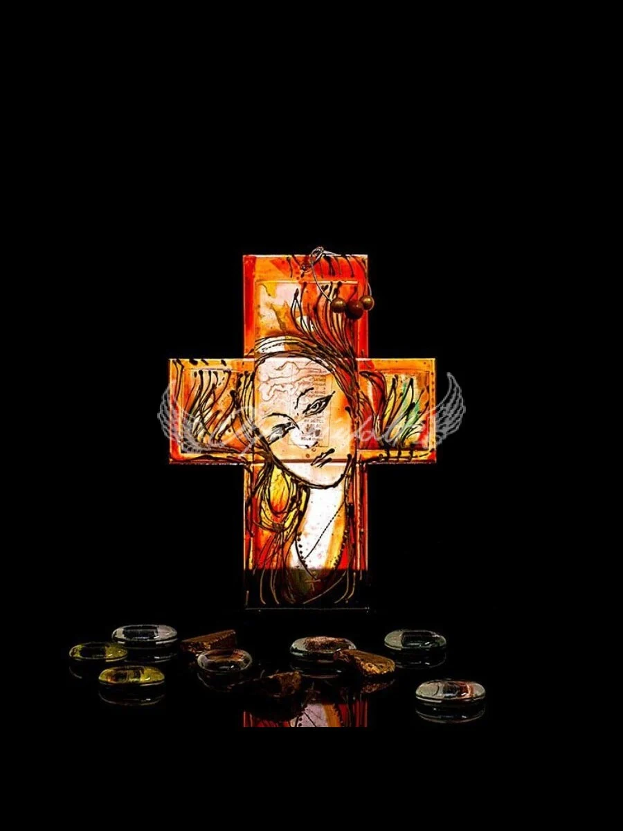 Petite devotional glass cross with hand painted Marian motif, Marian Dawn Edition