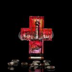 Petite hand painted glass cross in crimson red with golden strokes, Crimson Aurea Edition