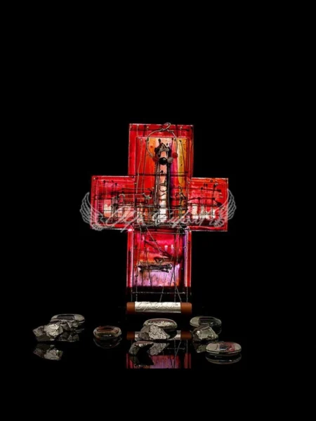 Petite hand painted glass cross in crimson red with golden strokes, Crimson Aurea Edition