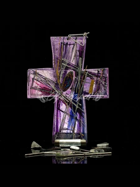 Francis handmade glass cross in violet amethyst tones, Amethyst Edition