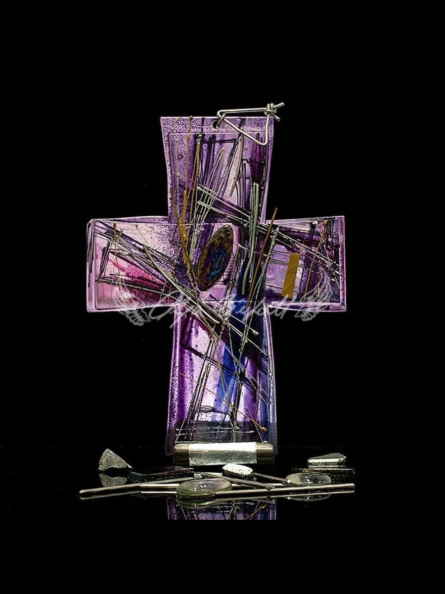 Francis handmade glass cross in violet amethyst tones, Amethyst Edition