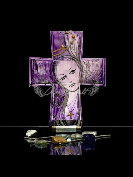 Francis hand painted glass cross, Madonna Edition with Marian motif