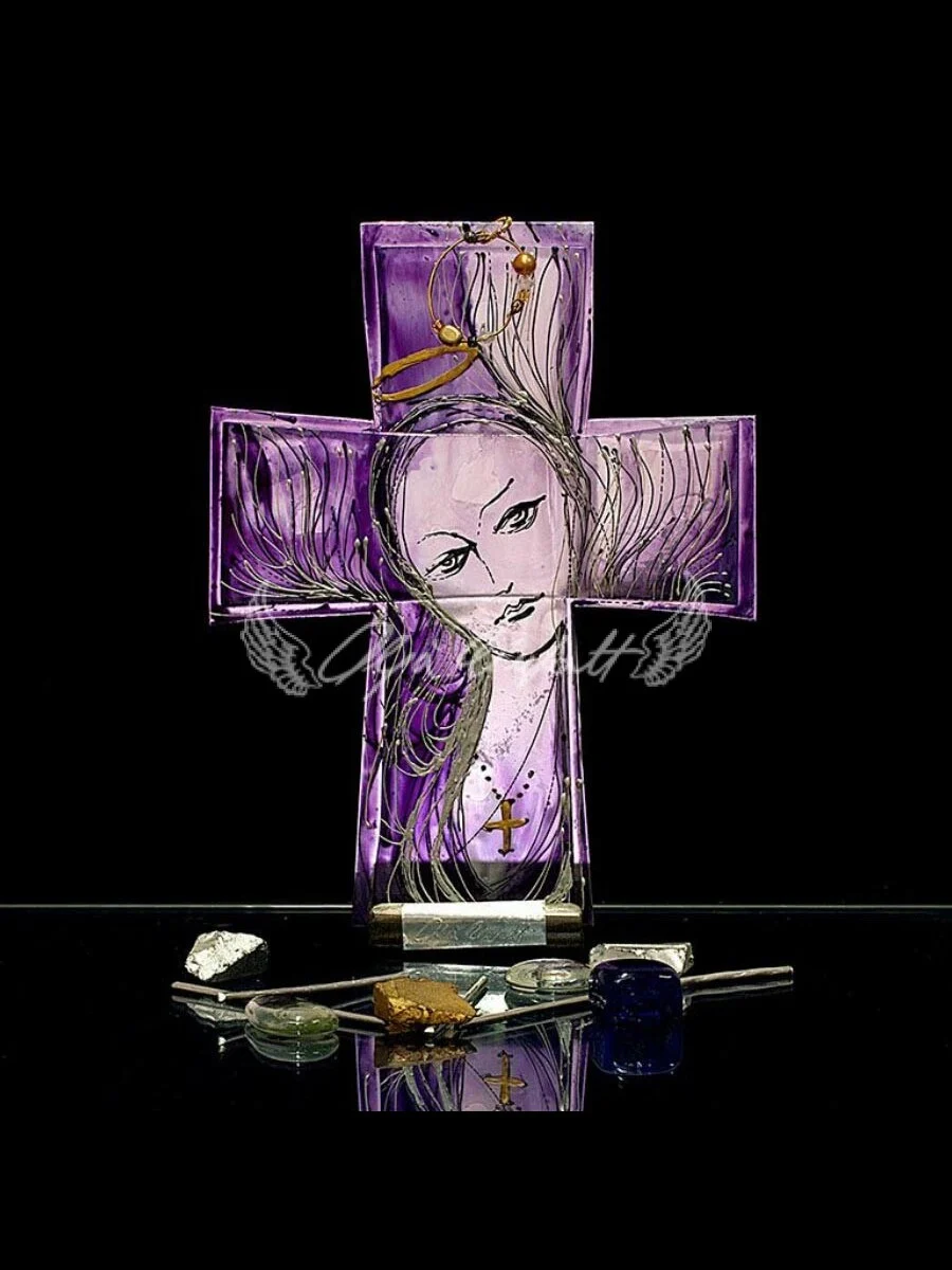 Francis hand painted glass cross, Madonna Edition with Marian motif
