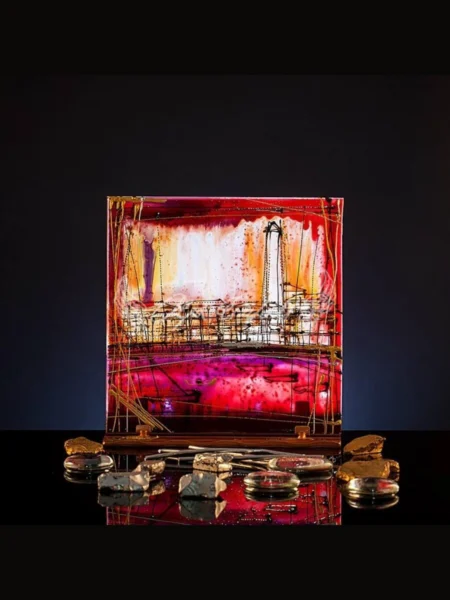 Small painted glass cube art piece with layered hand painted color, 16 by 16 cm