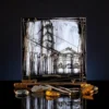 Small hand painted glass cube with concentrated colorful design, 16 by 16 cm