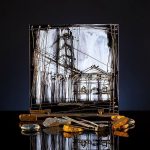 Small hand painted glass cube with concentrated colorful design, 16 by 16 cm