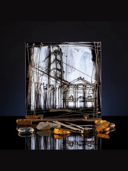 Small hand painted glass cube with concentrated colorful design, 16 by 16 cm
