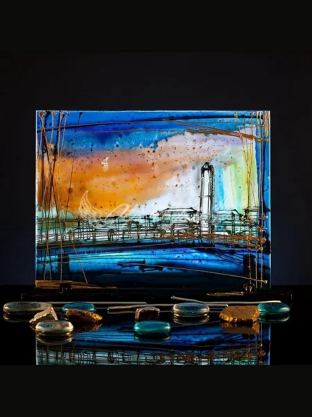 Lighthouse Sunset glass cube with hand painted seascape in warm gold and deep blue