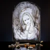 Glass religious art icon of Our Lady, hand painted with soft light reflections