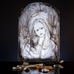 Glass religious art icon of Our Lady, hand painted with soft light reflections