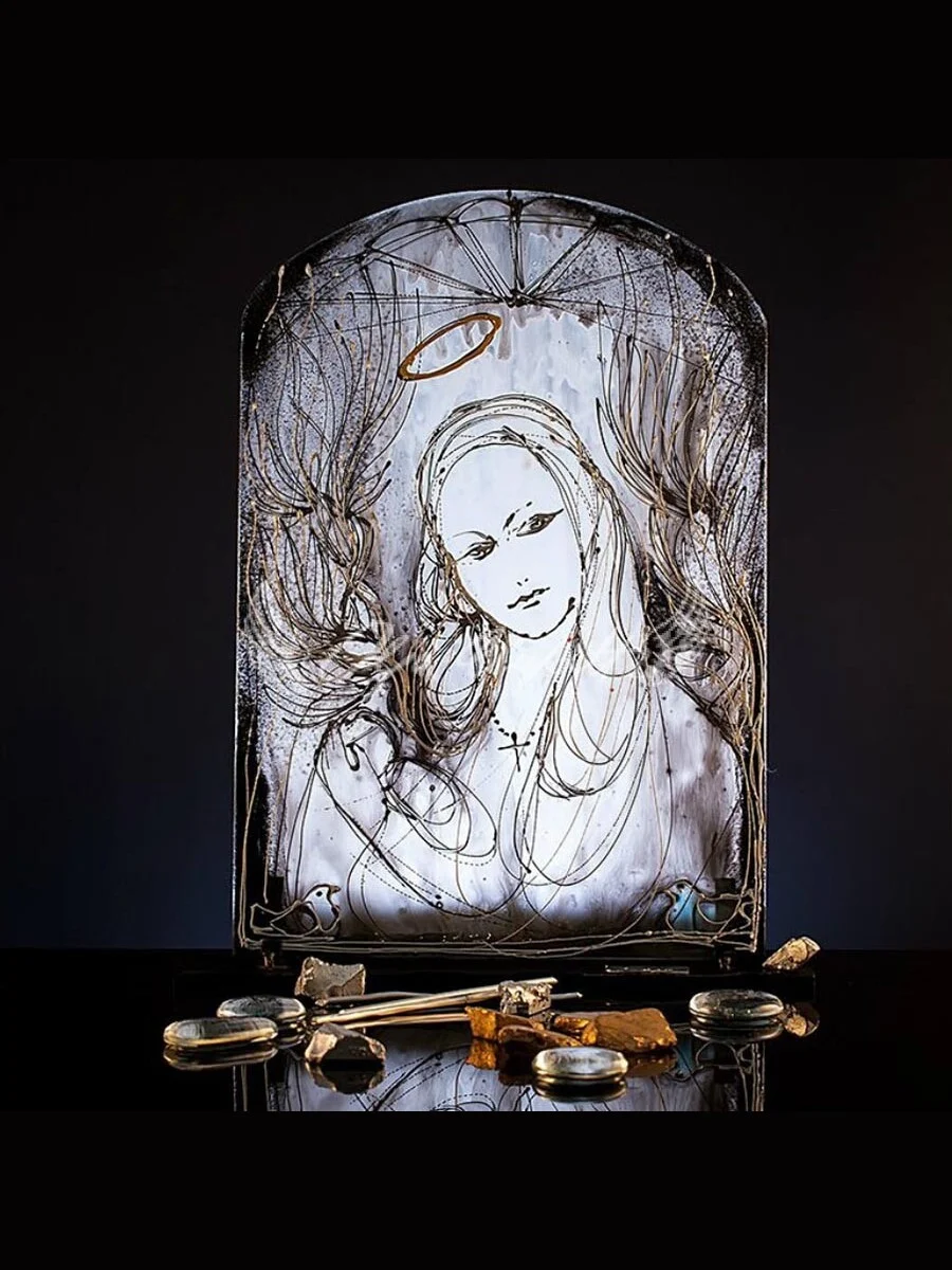 Glass religious art icon of Our Lady, hand painted with soft light reflections