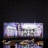 Peristyle Sky petite hand painted glass panel of Split with sky-blue hues and golden lines