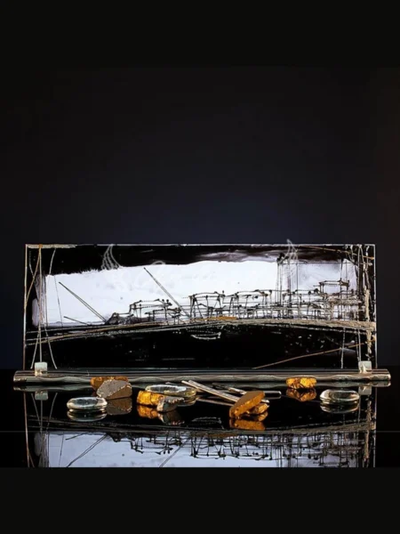 Noir Harbour hand painted glass panel with abstract harbour skyline in black and gold