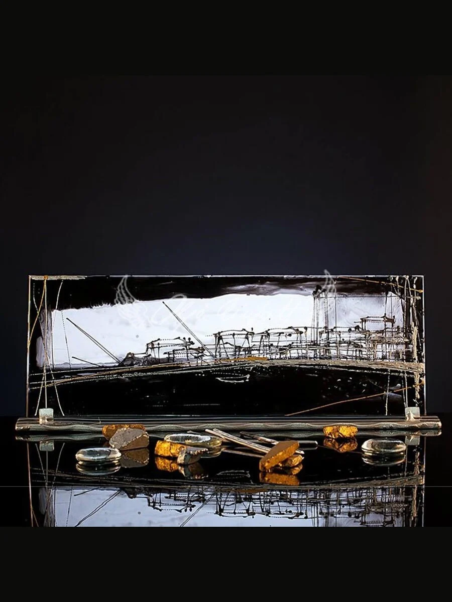 Noir Harbour hand painted glass panel with abstract harbour skyline in black and gold