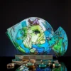 Azure Reverie giant blue glass fish sculpture with hand painted drifting gold lines