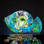 Azure Reverie giant blue glass fish sculpture with hand painted drifting gold lines
