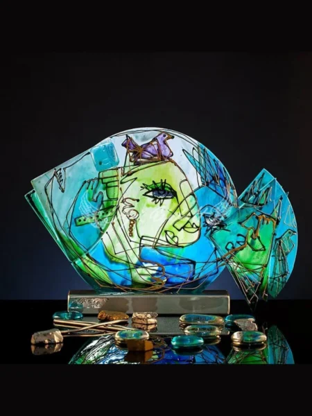 Azure Reverie giant blue glass fish sculpture with hand painted drifting gold lines