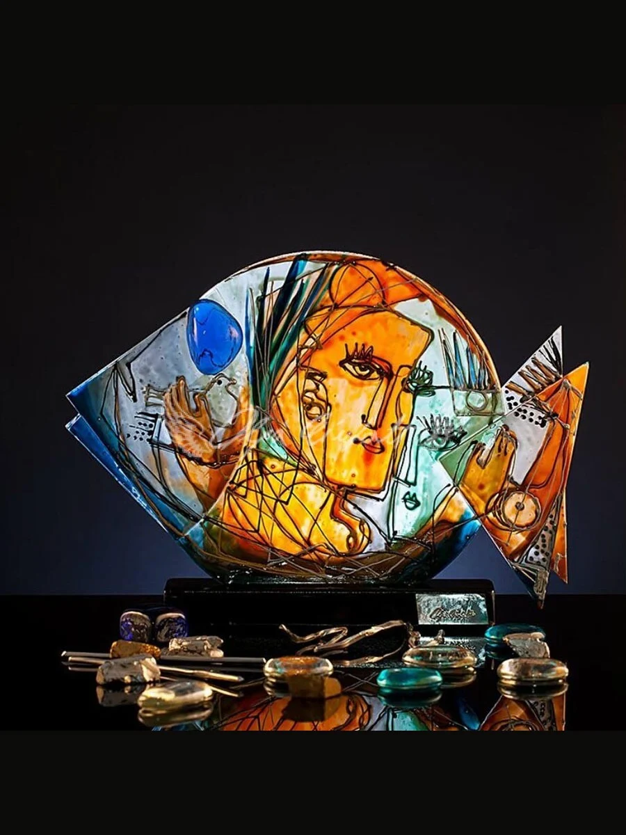 Aurelia Vitae giant decorative glass fish with hand painted golden veins over sea colors