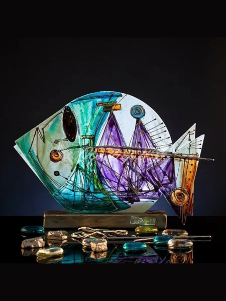Luminara Flux giant glass fish statue with hand painted luminous colors and golden flow lines