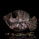 Obsidian Veil large hand painted glass fish sculpture in dark blue, crimson, and gold
