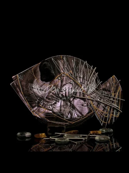 Obsidian Veil large hand painted glass fish sculpture in dark blue, crimson, and gold