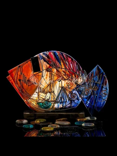 Solaris Rift giant hand painted glass fish with crimson and emerald flares over blue