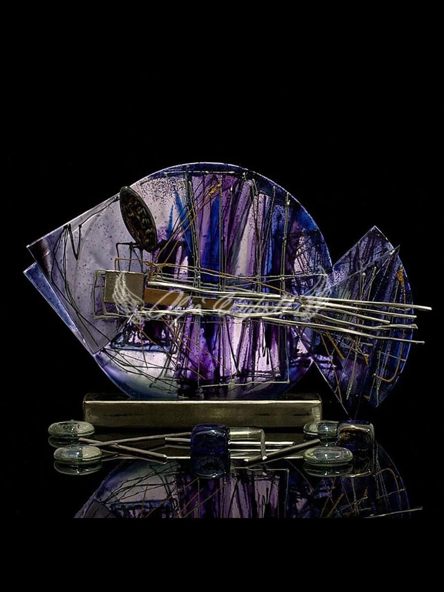 Violet Current giant glass fish sculpture with hand painted sea tones and gold lines