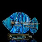 Azure Pulse giant glass fish sculpture, hand painted deep blue with golden lines