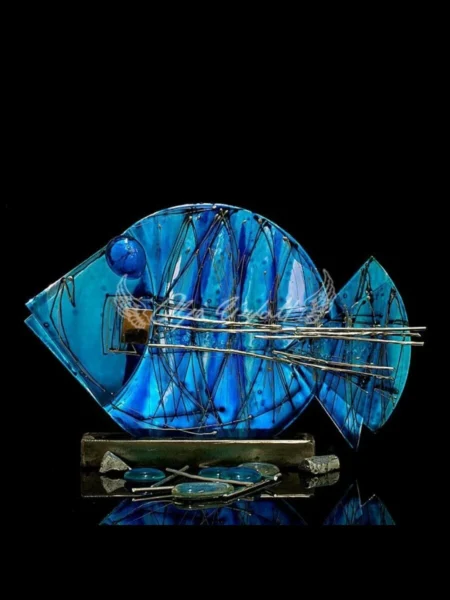 Azure Pulse giant glass fish sculpture, hand painted deep blue with golden lines