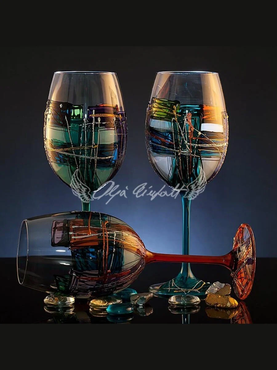 Diocletian Legacy set of six hand painted glasses with bold lines and Mediterranean tones