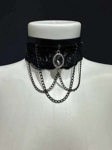 Renaissance Eclipse black lace necklace with arcing black chains and central crystal