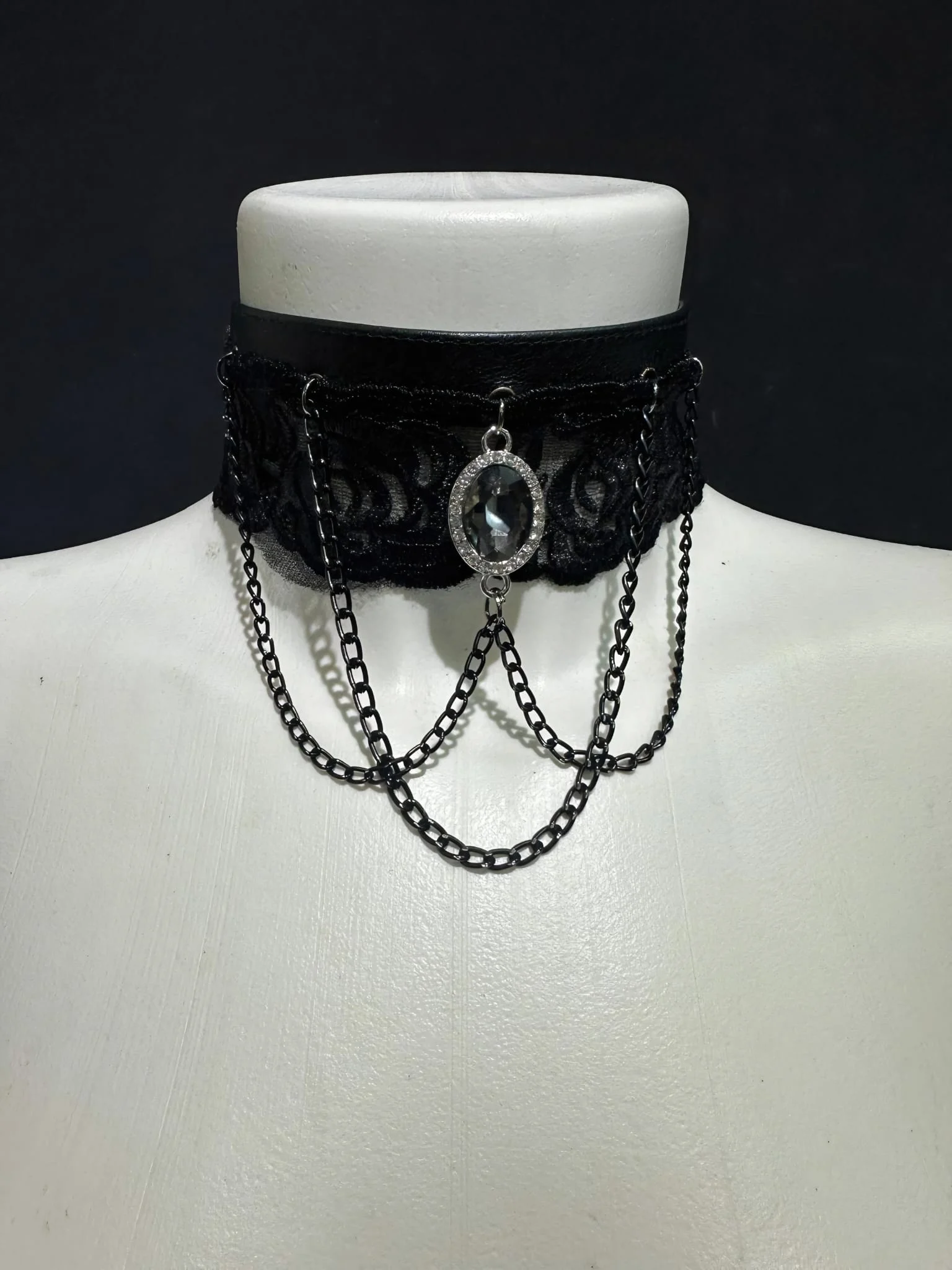 Renaissance Eclipse black lace necklace with arcing black chains and central crystal