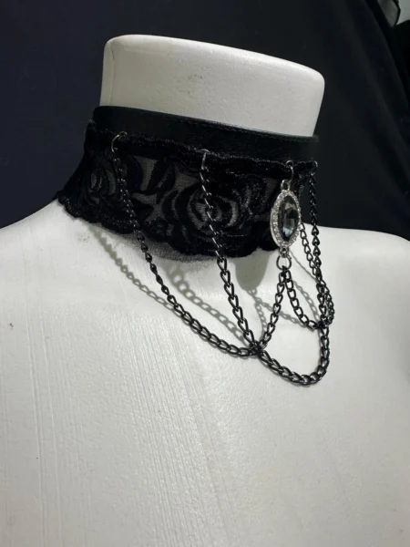 Renaissance Eclipse black lace necklace with arcing black chains and central crystal – view 2