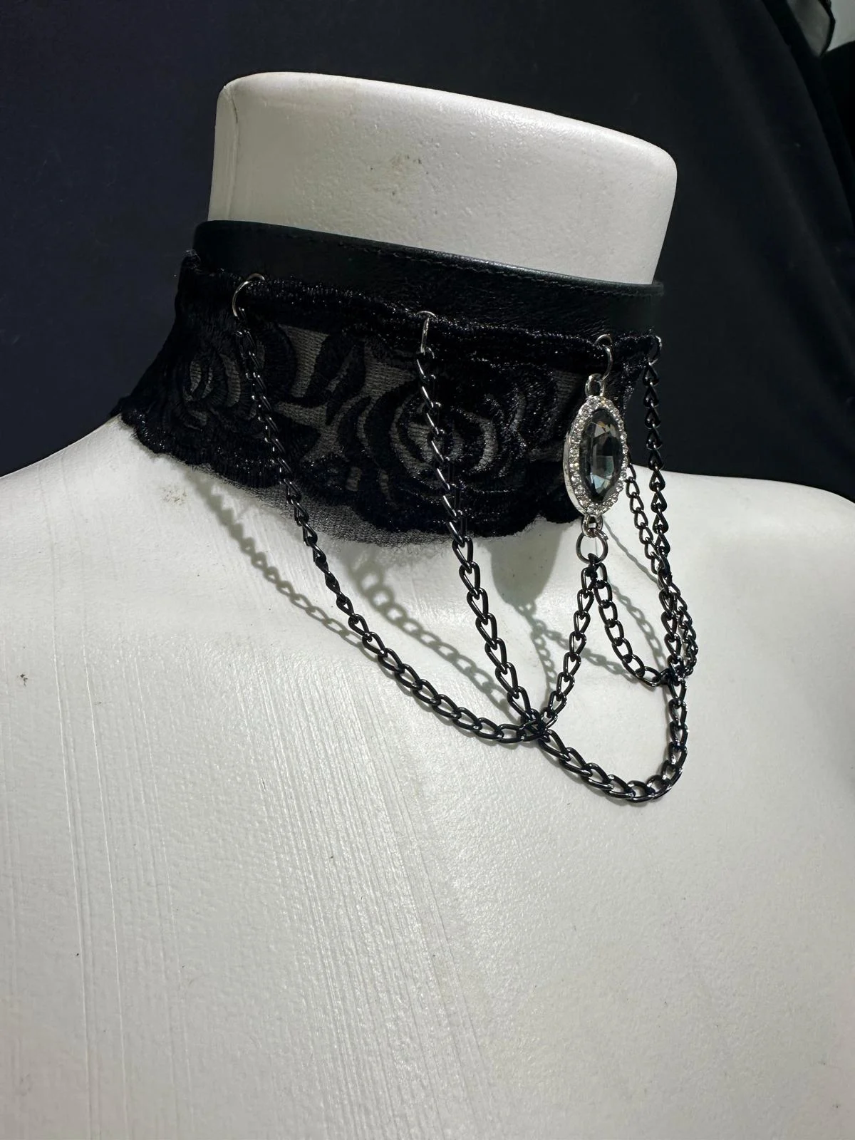 Renaissance Eclipse black lace necklace with arcing black chains and central crystal – view 2
